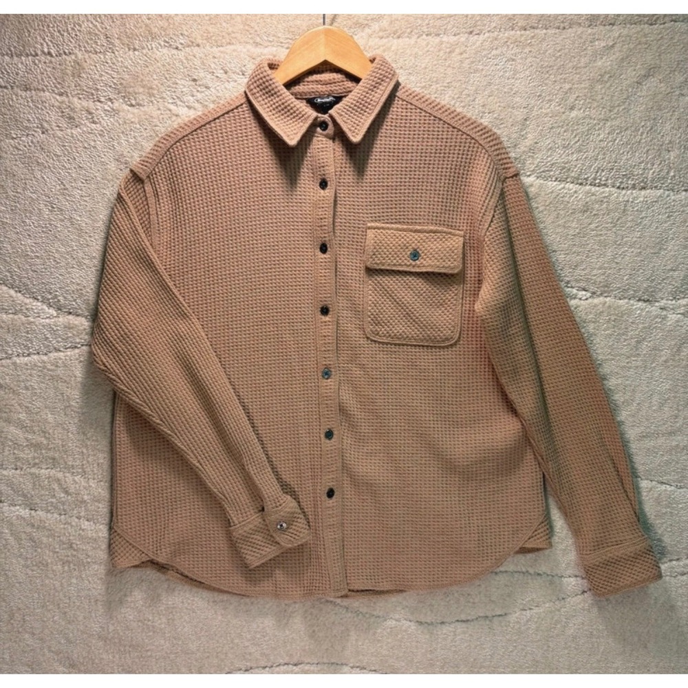 Buffalo Jeans Womens Tan Waffle Knit Shacket Button Down Shirt Small